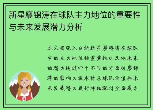 新星廖锦涛在球队主力地位的重要性与未来发展潜力分析