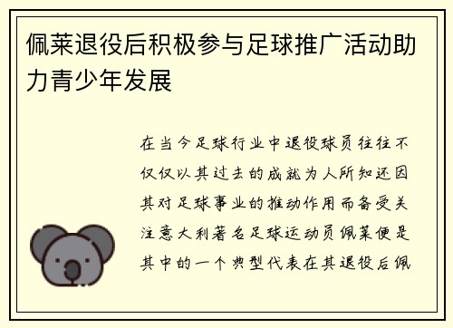 佩莱退役后积极参与足球推广活动助力青少年发展 佩莱退役后积极参与足球推广活动助力青少年发展